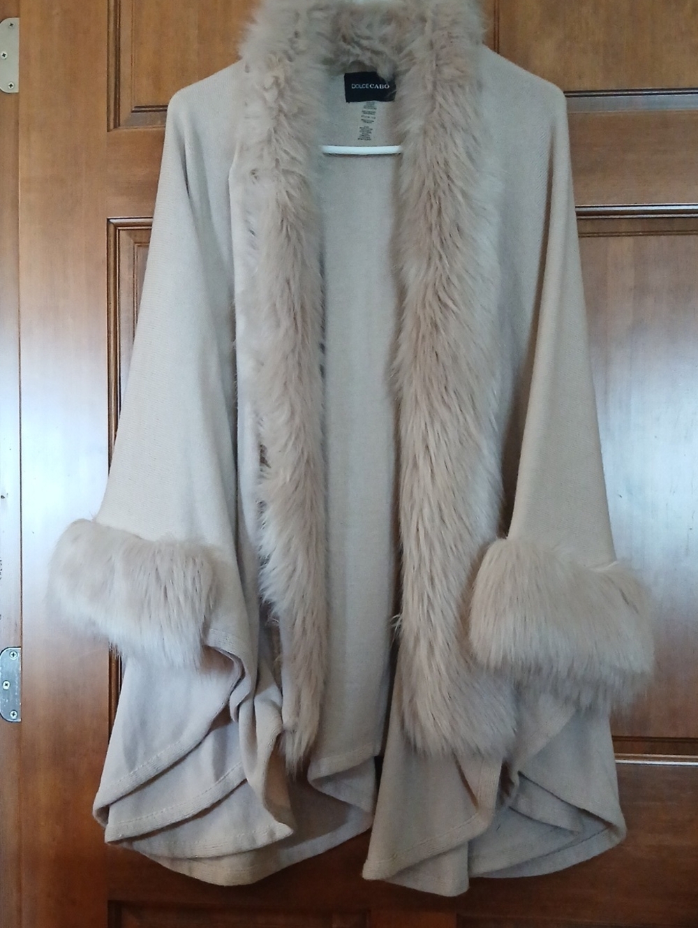 Dolce Cabo Beige Faux Fur-Trimmed Open Cape